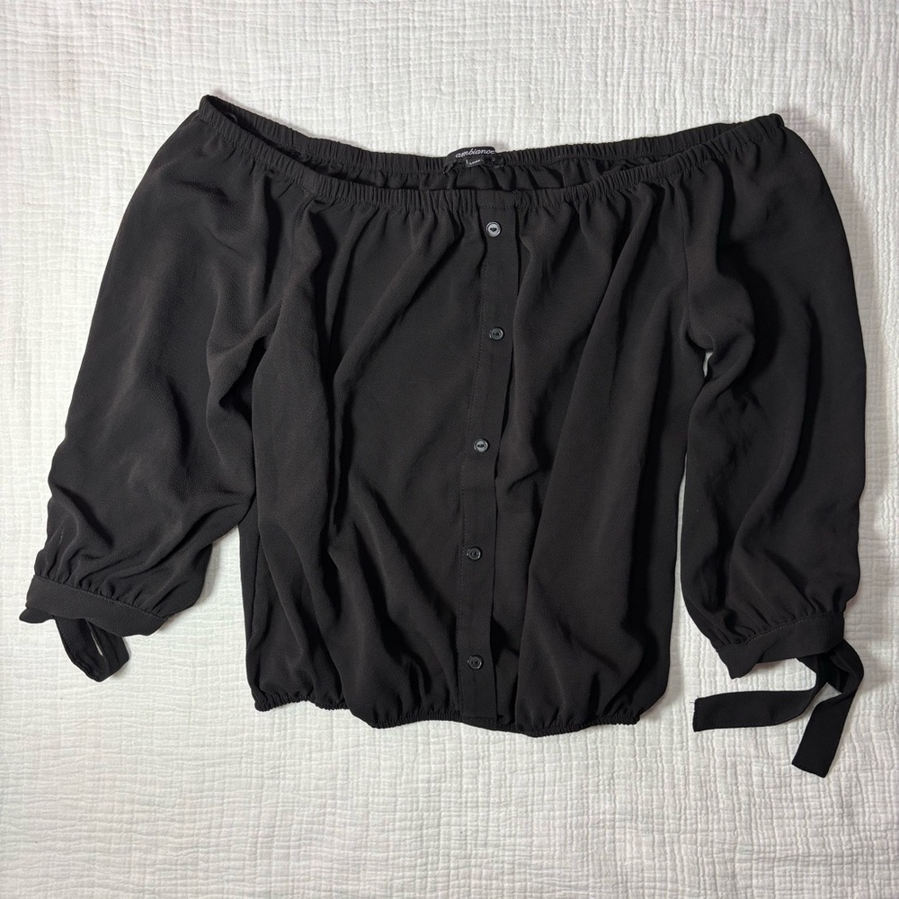 Ambiance Black Button-Up Off-Shoulder Blouse